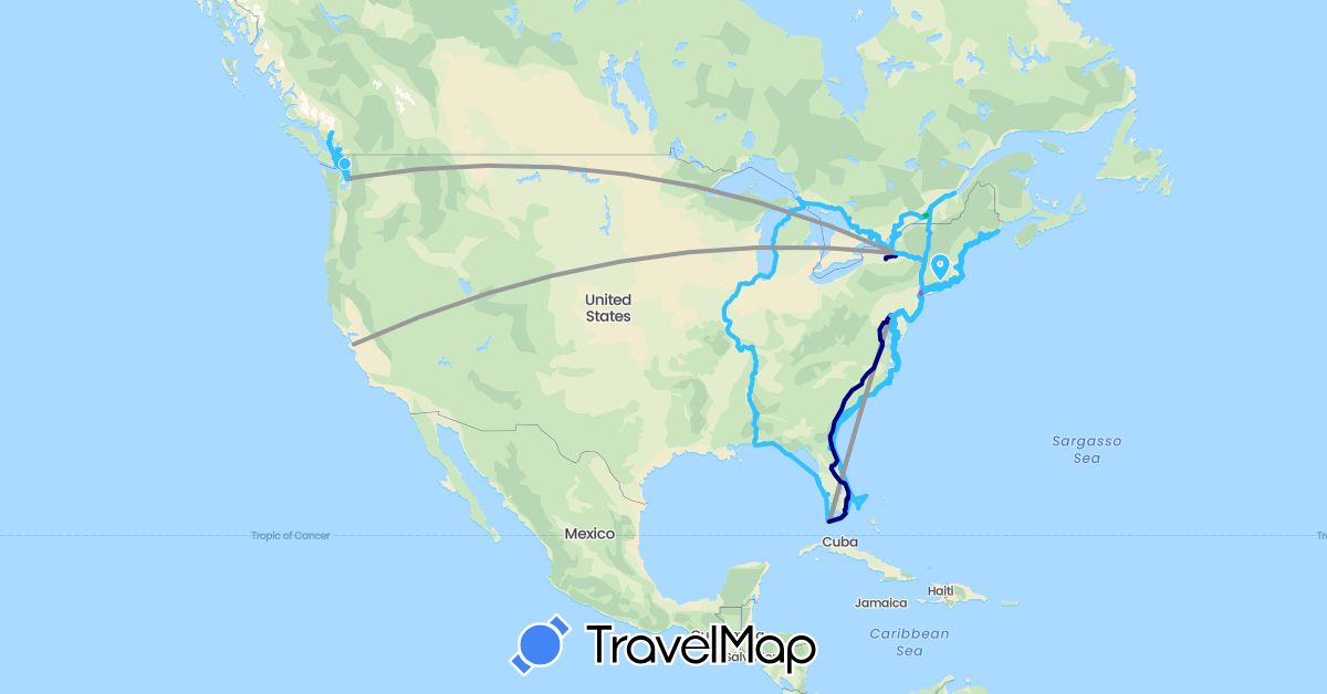 TravelMap itinerary: driving, bus, plane, cycling, hiking, boat in Canada, United States (North America)